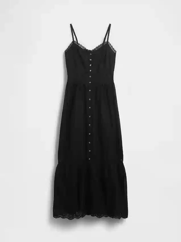Vestido largo con botones en la parte delantera y ribete de encaje