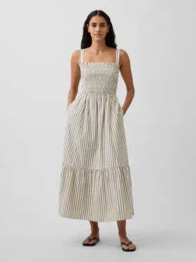 Vestido largo con corpiño fruncido de popelín