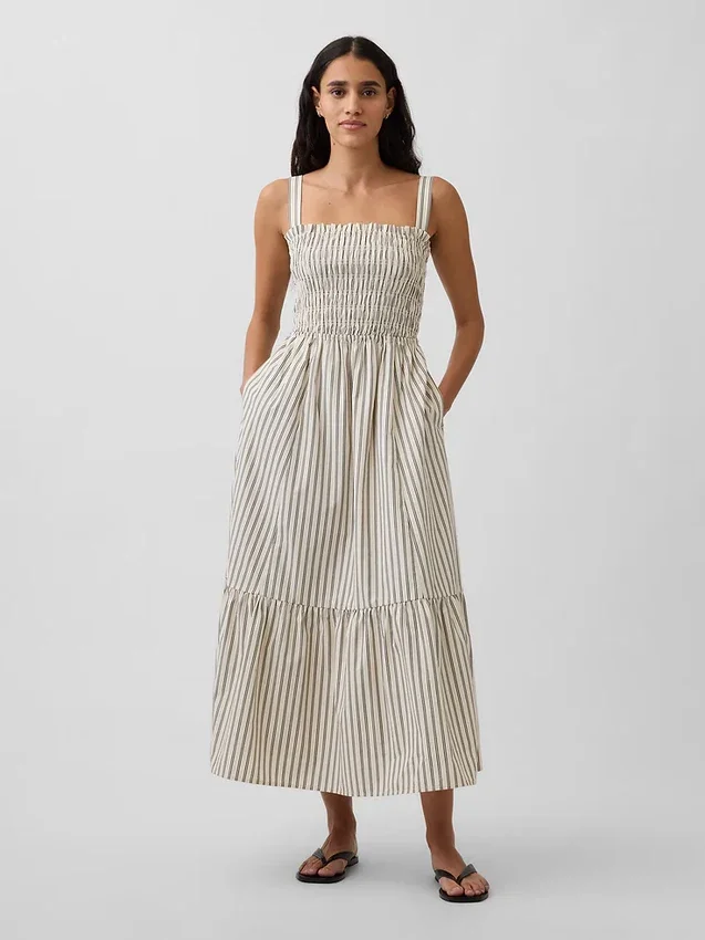 Vestido largo con corpiño fruncido de popelín