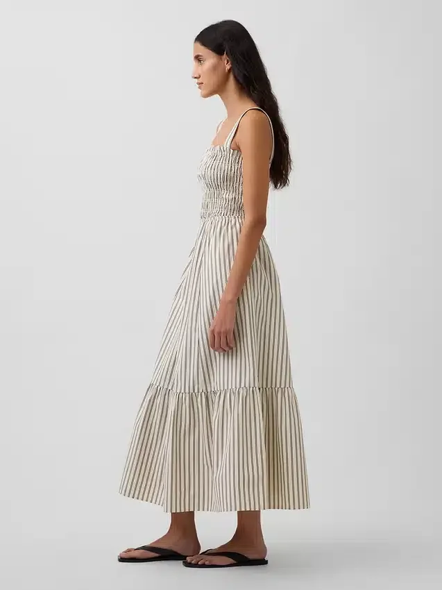 Vestido largo con corpiño fruncido de popelín