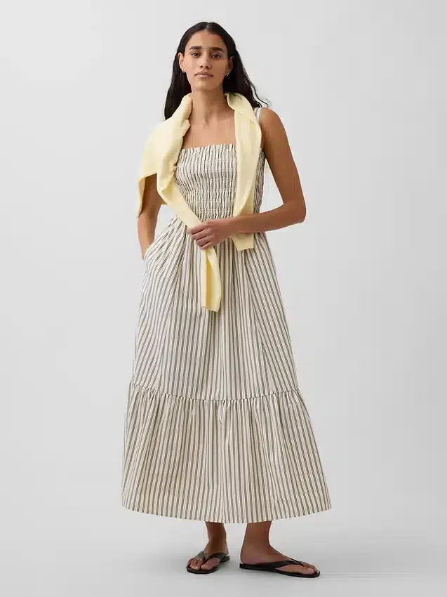 Vestido largo con corpiño fruncido de popelín