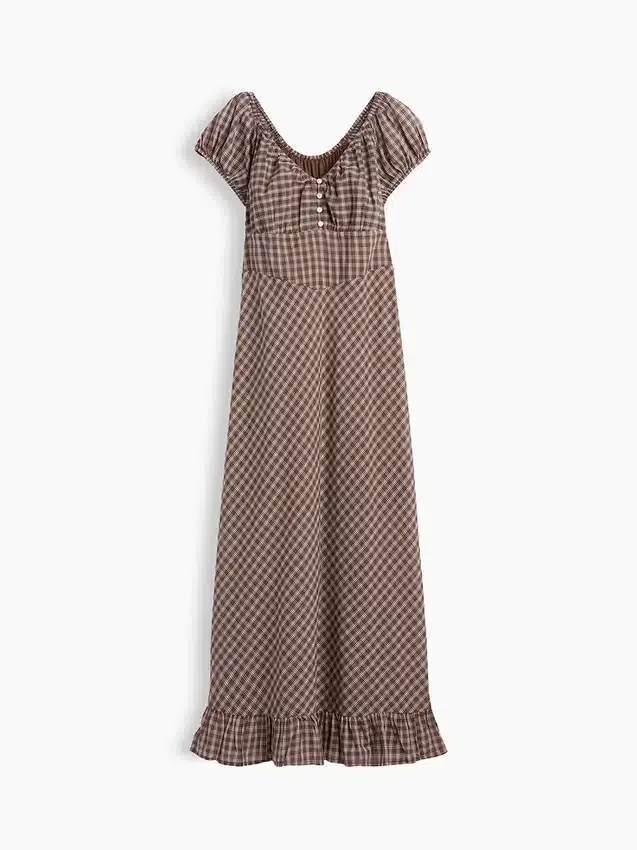 Vestido largo con cuello en V y volantes en el bajo