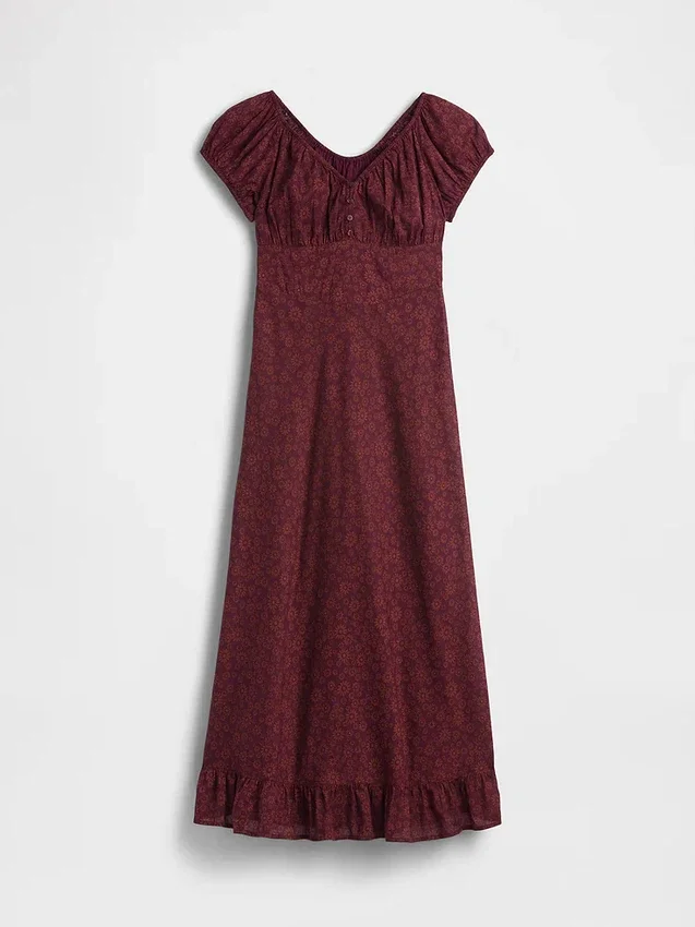 Vestido largo con cuello en V y volantes en el bajo
