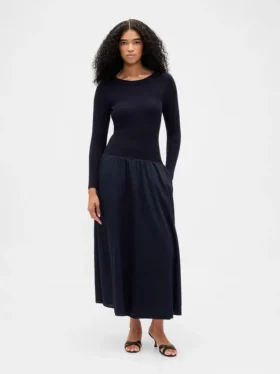 Vestido largo de cintura baja con mezcla de tejidos
