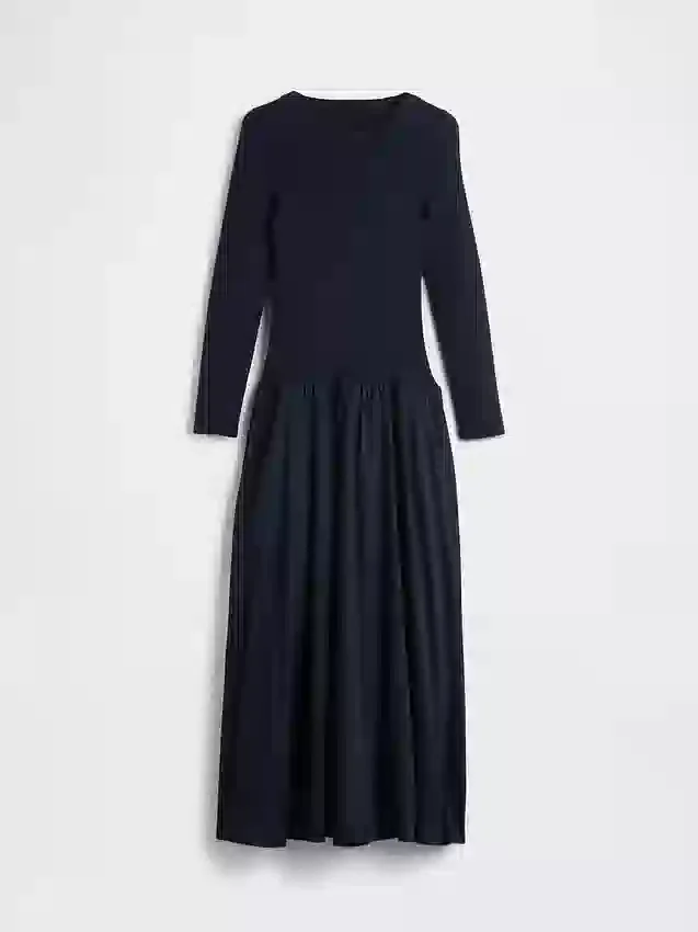 Vestido largo de cintura baja con mezcla de tejidos