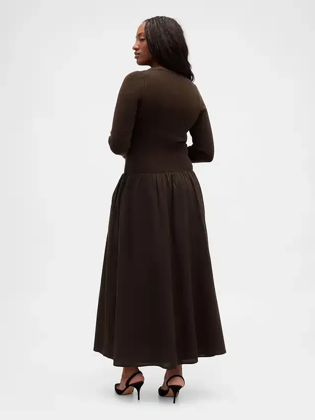 Vestido largo de cintura baja con mezcla de tejidos