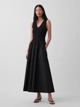 Vestido largo de cintura baja en mezcla de tejidos