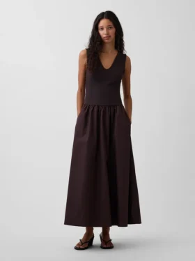 Vestido largo de cintura baja en mezcla de tejidos