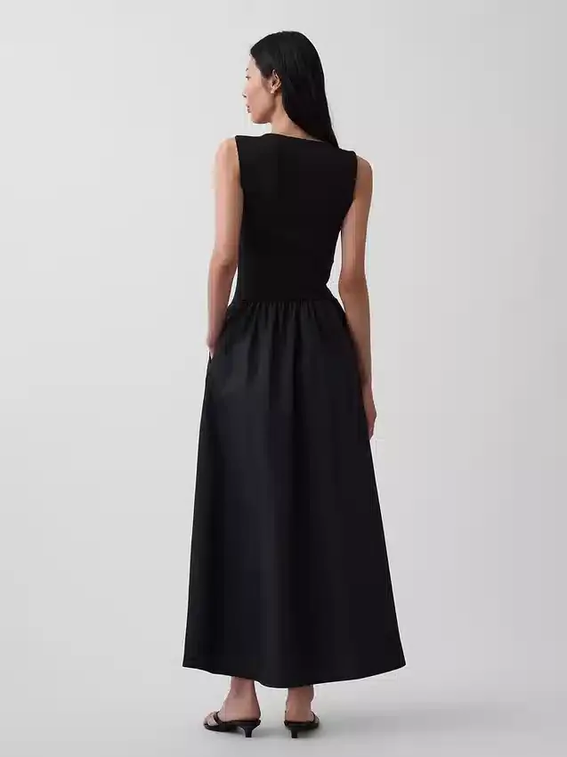 Vestido largo de cintura baja en mezcla de tejidos