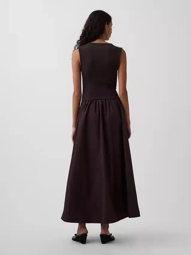 Vestido largo de cintura baja en mezcla de tejidos