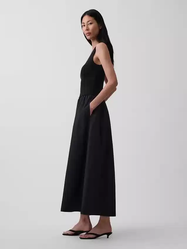 Vestido largo de cintura baja en mezcla de tejidos