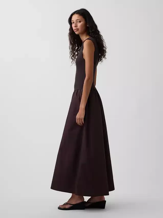 Vestido largo de cintura baja en mezcla de tejidos