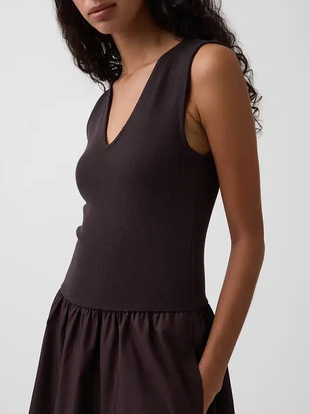 Vestido largo de cintura baja en mezcla de tejidos