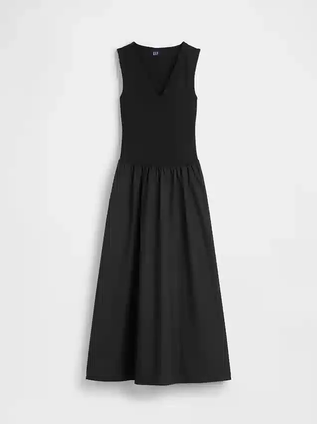 Vestido largo de cintura baja en mezcla de tejidos