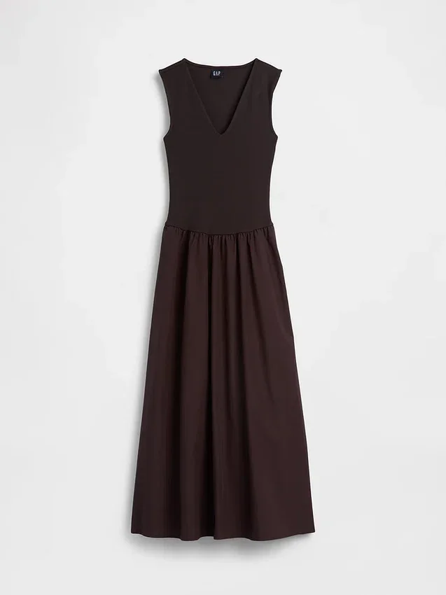 Vestido largo de cintura baja en mezcla de tejidos