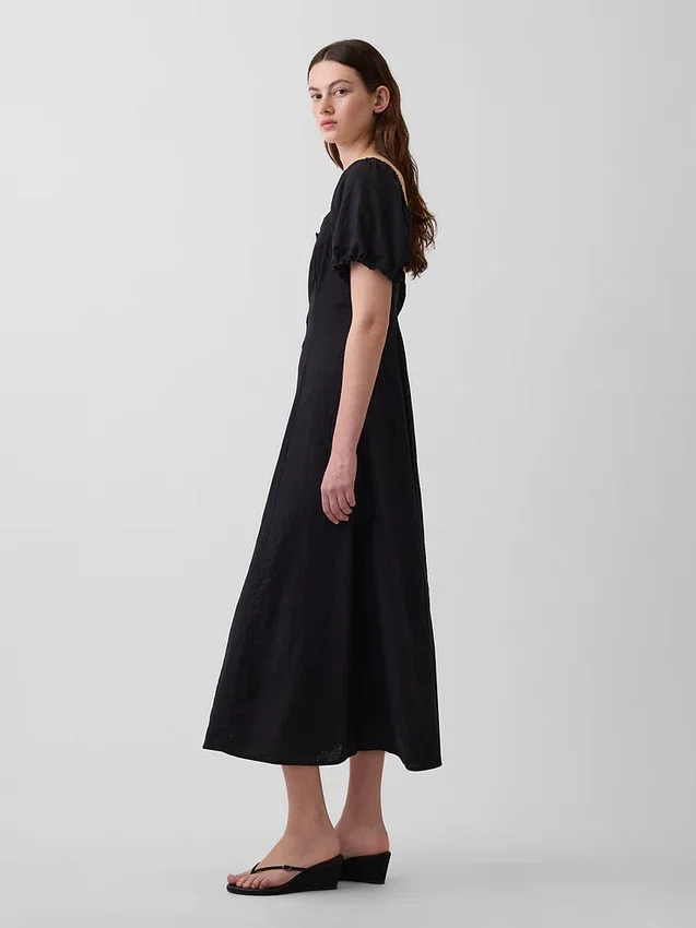 Vestido largo de cintura imperio en mezcla de lino