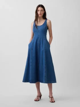 Vestido largo de denim con cuello redondo
