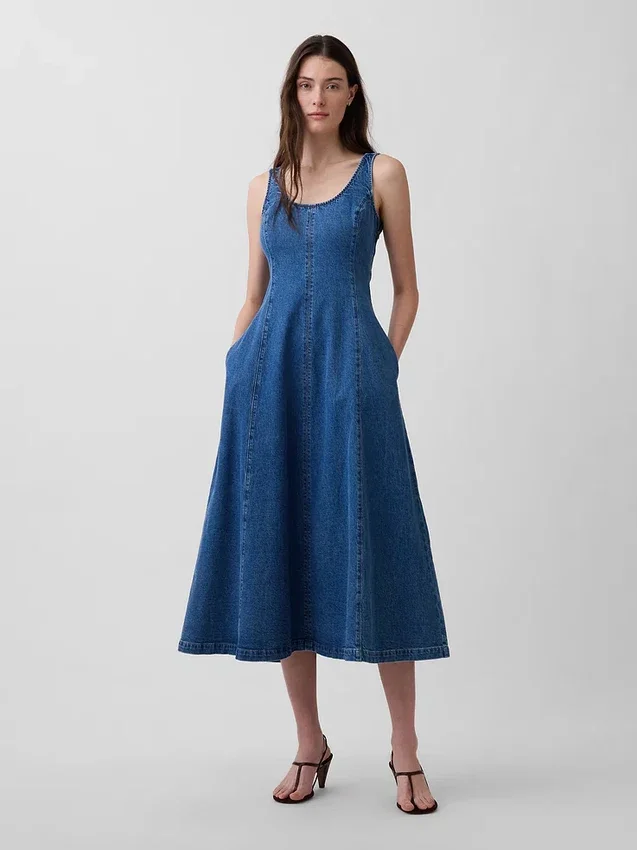Vestido largo de denim con cuello redondo