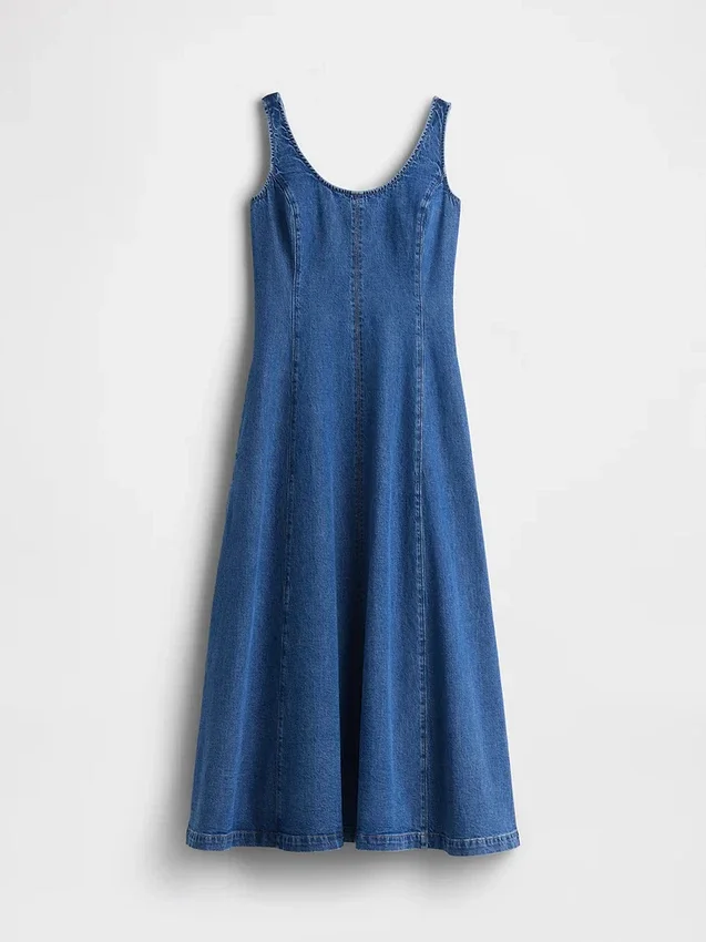 Vestido largo de denim con cuello redondo