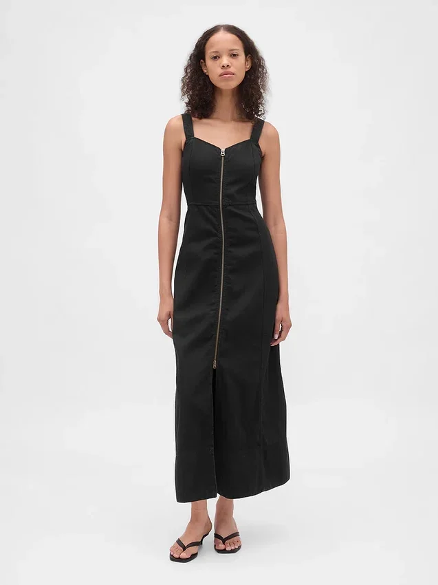 Vestido largo de denim ultrasuave con cremallera frontal