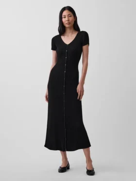 Vestido largo de jerséu acanalado con botones en la parte delantera