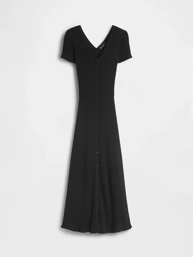 Vestido largo de jerséu acanalado con botones en la parte delantera