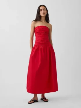 Vestido largo de popelín con cintura baja