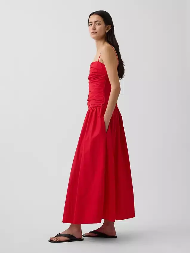 Vestido largo de popelín con cintura baja
