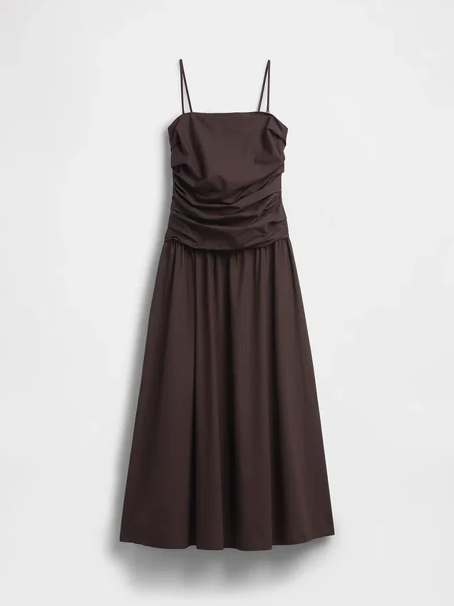 Vestido largo de popelín con cintura baja