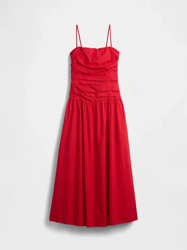 Vestido largo de popelín con cintura baja