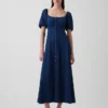 Vestido largo de vaquero con mangas abullonadas y cierre frontal con botones