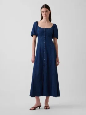 Vestido largo de vaquero con mangas abullonadas y cierre frontal con botones