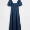 Vestido largo de vaquero con mangas abullonadas y cierre frontal con botones