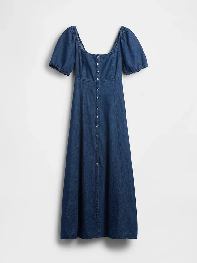 Vestido largo de vaquero con mangas abullonadas y cierre frontal con botones