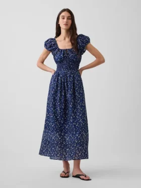 Vestido largo de voile con cintura fruncida
