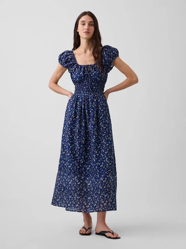 Vestido largo de voile con cintura fruncida