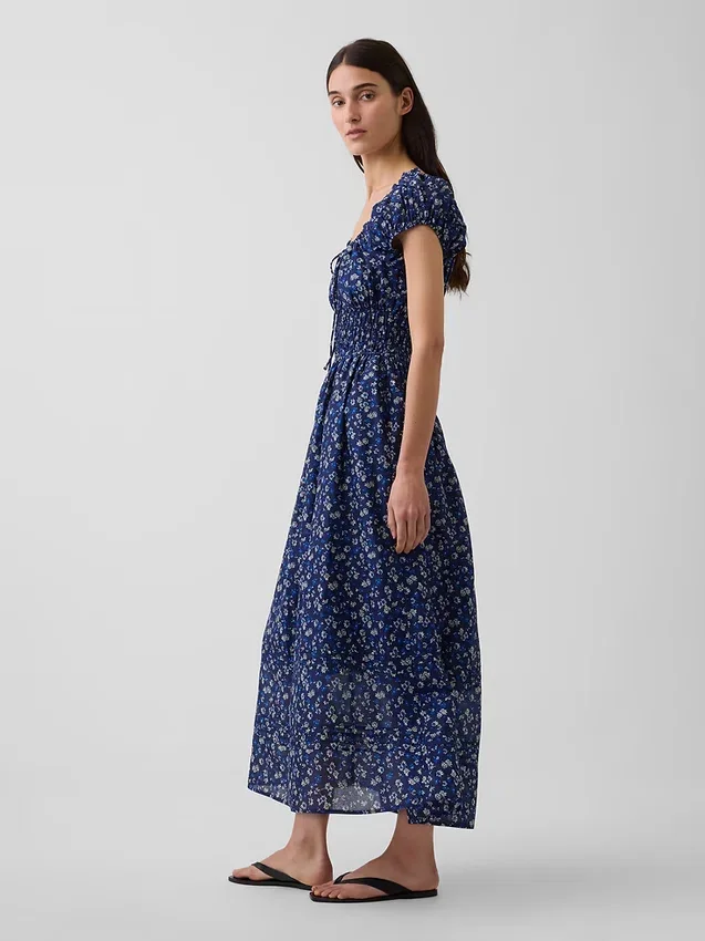 Vestido largo de voile con cintura fruncida