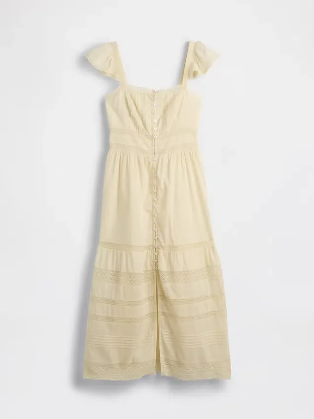 Vestido largo de voile con volantes de encaje