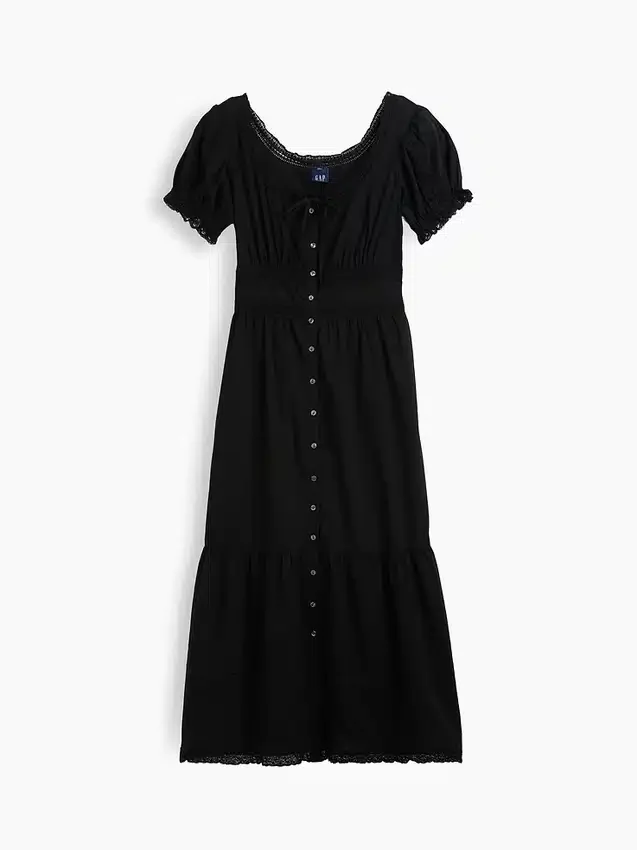 Vestido largo escalonado con cuello redondo y ribete de encaje