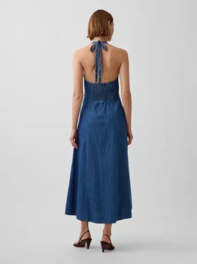 Vestido largo halter de vaquero con costuras