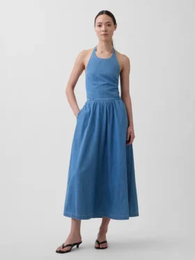 Vestido largo halter de vaquero con lazo en la espalda