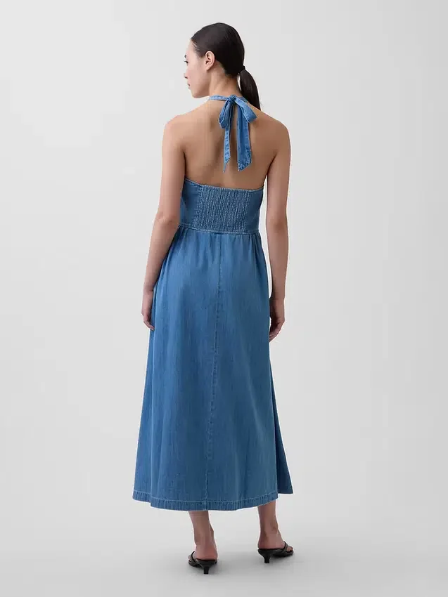 Vestido largo halter de vaquero con lazo en la espalda