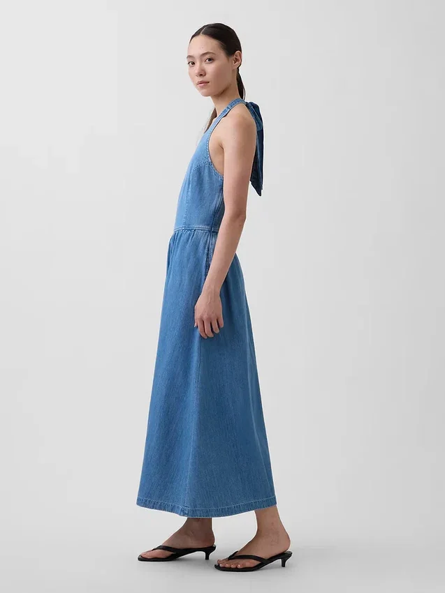 Vestido largo halter de vaquero con lazo en la espalda
