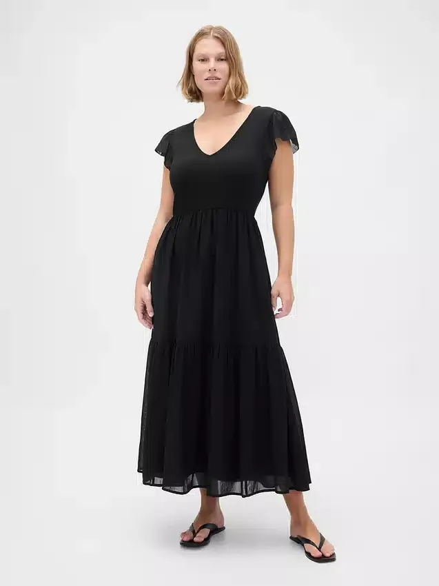 Vestido largo moderno con volantes de mezcla de tejidos