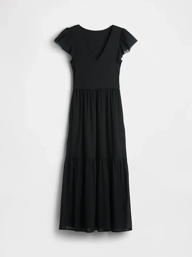 Vestido largo moderno con volantes de mezcla de tejidos