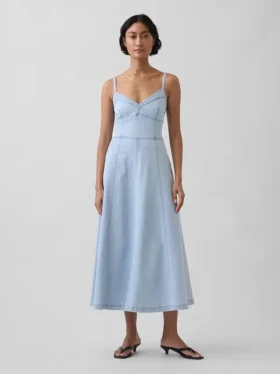 Vestido largo tipo corsé con costuras de denim