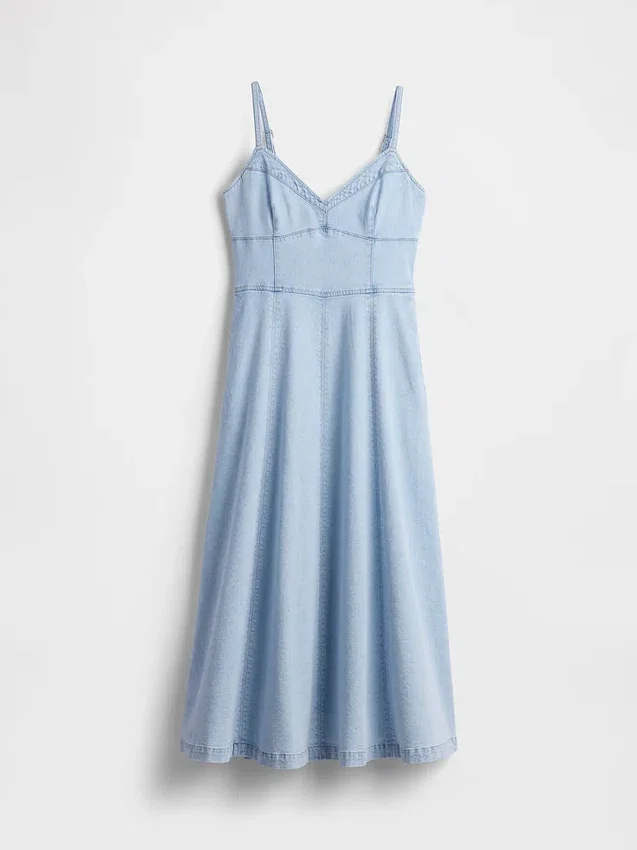 Vestido largo tipo corsé con costuras de denim