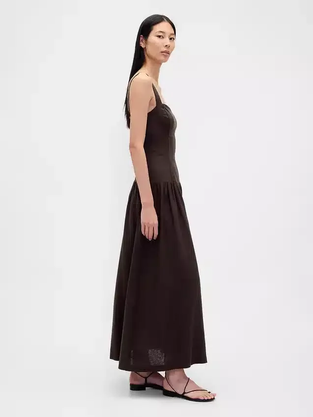 Vestido largo tipo corsé de cintura baja en mezcla de lino