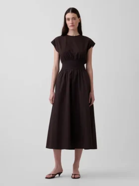 Vestido midi de cintura baja en mezcla de tejidos
