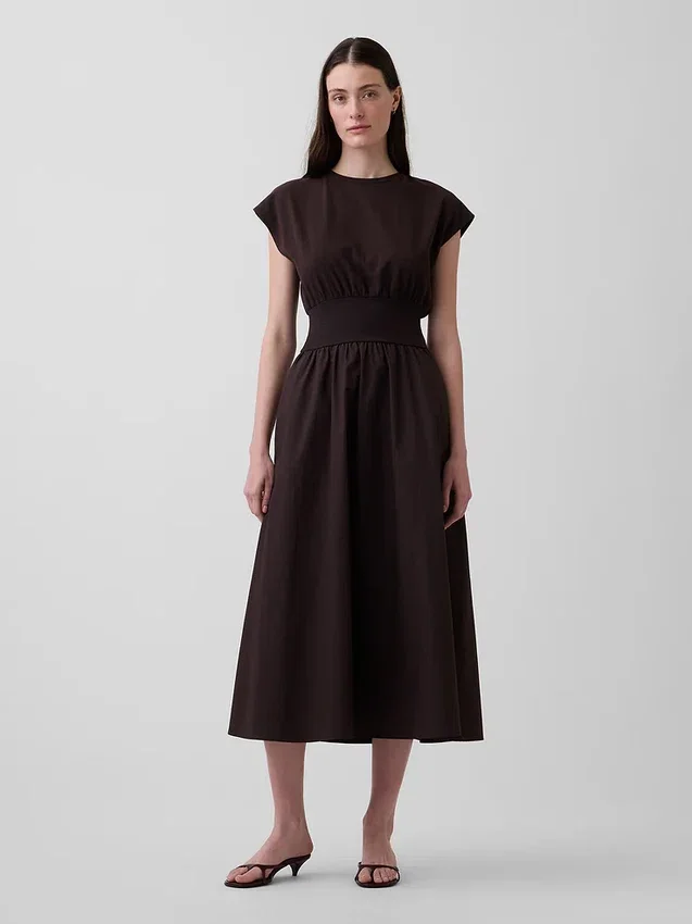 Vestido midi de cintura baja en mezcla de tejidos